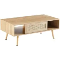 OKWISH salontafel, bijzettafel, rotanlook, met schuifdeurtjes en opbergruimte. Salontafel met poten van massief hout, natuurlijke uitstraling