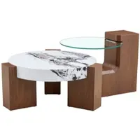 OKWISH Salontafelset Rond Tweelaags - Inschuifbaar En Deelbaar Voor Woonkamer - MDF Walnootlook Wit Marmerlook Glas - 61x30