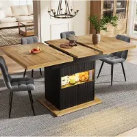 STILVORA uitschuifbare eettafel met opbergruimte en LED-verlichting, keukentafel met verstelbaar legplank, salontafel geschikt tot 60 kg, zwart en hout