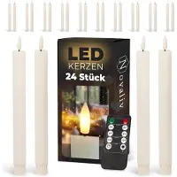 Novaliv LED-kaarsen 24 stuks ECHTE WAS geribbeld WIT - met timerfunctie 6 uur - 23 cm hoogte voor kaarsen 2,2 cm diameter 2 AAA-batterijen vereist LED-kaarsen set van 2 6x WITTE bewegende vlam