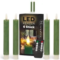 Novaliv LED-kaarsen met timer groen, 6 stuks voor binnen - 6 uur - ECHTE WAS Hoogte 18 cm voor kaarsen, diameter 2,2 cm. 2 AAA-batterijen vereist. LED-kaarsen, set van 2, groen (twee keer) bewegende vlam.