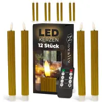 Novaliv LED-kaarsen met timer GOUD 12 stuks binnen 6 uur ECHTE WAS geribbeld 23 cm hoogte voor kaarsen 2,2 cm diameter 2 AAA-batterijen vereist LED-kaarsen set van 2 GOUD (drie keer) bewegende vlam