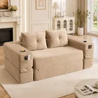 STILVORA Slaapbank 180 x 98 cm - 2-Zits Uitklapbare Bank Met Bekerhouder En Zijvakken - Voor Woonkamer En Logeerkamer - Cordstof Khaki