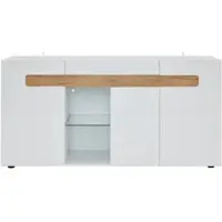 MODFU Opbergkast 140x40x70 cm van spaanplaat, met deuren en LED-app, wit/naturel