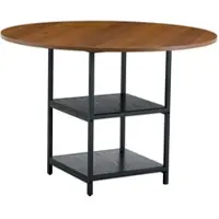 OKWISH Ronde eettafel met opbergruimte, moderne stijl, notenhoutdecor, metalen frame, geschikt voor 2-4 personen, geschikt voor woon- en eetkamer, zwart + notenhout