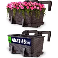 Kadax Balkonpot met onderzetter, plantenbak, balkonbak met wateropeningen, bloembak voor rozen, oleander, imitatie rotan (40 cm, met houders, bruin)