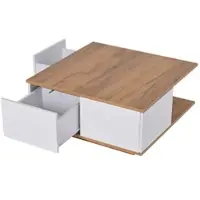 OKWISH Salontafel – Vierkant 70×70×31,5 Cm – 3 Laden En Open Vak – Hoogglans Fronten – Voor Kleine Woonkamer – Spaanplaat Wit Walnoot