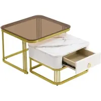 OKWISH Koffietafel - Vierkante 2 Delige Salontafel Set - Wit Marmor Optiek Met Gouden Frame En Theebruin Glasplaat - Modern Voor Woonkamer - 60x60+50x50 cm - MDF + Metaal - Wit en Goud en Theebruin