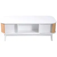 OKWISH Salontafels Koffietafel - Rechthoekige Salontafel Met Rattan Lade - Schuifdeuren En Massief Hout Poten - 110x55x38,5 cm - Massief Hout + Spaanplaat - Wit