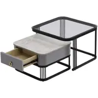 OKWISH Koffietafel - Vierkante 2 Delige Salontafel Set - Grijs Marmor Optiek Met Zwart Metalen Frame - Modern Voor Woonkamer - 60x60+50x50 cm - MDF + Metaal - Zwart en Grijs