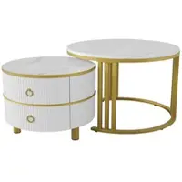 OKWISH Koffietafel - Rond 2 Delige Set Met Witte Marmorplaat En 2 Laden - Modern Voor Woonkamer - 70x70+50x50 cm - MDF + Plastic + Metaal - Wit