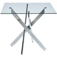 OKWISH Eettafel met glazen blad, keukentafel met metalen kruisvoet, 80 x 80 x 75 cm, geschikt voor keuken of eetkamer, zilverkleurig
