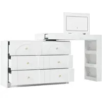 OKWISH Kaptafel Draaibaar - 7 Lades - Met LED-Spiegel (3-kleur, Instelbaar) - Klapbaar Als Bureau - Gouden Handgrepen - Spaanplaat Wit - 105x40x80 cm