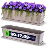 Kadax Balkonpot met onderzetter, plantenbak, balkonbak met wateropeningen, bloembak voor rozen, oleander, rotan imitatie (60 cm, karamel)