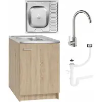 Stamar | Keukenonderkast, keukenkast met spoelbak, 60 cm, met chromen mengkraan en sifon, eikenhout Sonoma