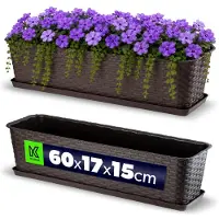Kadax Balkonpot met onderzetter, plantenbak, balkonbak met wateropeningen, bloembak voor rozen, oleander, imitatie rotan (60 cm, bruin)