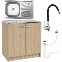 Stamar - Keukenkast 80cm - Onderkast met Spoelbak met één compartiment + sifon + kraan - Eik Sonoma
