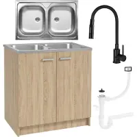 Stamar - Keukenkast 80cm met dubbele spoelbak + kraan - Keuken meubel - Eik Sonoma