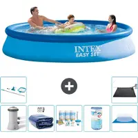 Intex Rond Opblaasbaar Easy Set Zwembad - 366 x 76 cm - Blauw - Inclusief Pomp - Solarzeil - Onderhoudspakket - Filter - Grondzeil - Schoonmaakset - Solar Mat - 8-delig