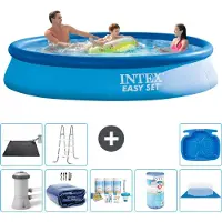 Intex Rond Opblaasbaar Easy Set Zwembad - 366 x 76 cm - Blauw - Inclusief Pomp - Solarzeil - Onderhoudspakket - Filter - Grondzeil - Solar Mat - Ladder - Voetenbad - 9-delig