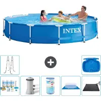 Intex Rond Frame Zwembad - 366 x 76 cm - Blauw - Inclusief Onderhoudspakket - Zwembadfilterpomp - Filter - Grondzeil - Solar Mat - Ladder - Voetenbad - 8-delig