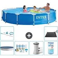 Intex Rond Frame Zwembad - 366 x 76 cm - Blauw - Inclusief Afdekzeil - Onderhoudspakket - Zwembadfilterpomp - Filter - Schoonmaakset - Solar Mat - 7-delig
