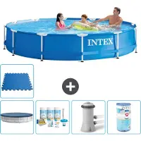 Intex Rond Frame Zwembad - 366 x 76 cm - Blauw - Inclusief Afdekzeil - Onderhoudspakket - Zwembadfilterpomp - Filter - Vloertegels - 6-delig
