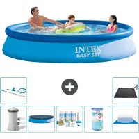 OEM Rond Opblaasbaar Easy Set Zwembad - 366 x 76 cm - Blauw - Inclusief Pomp - Afdekzeil - Onderhoudspakket - Filter - Grondzeil - Schoonmaakset - Solar Mat - 8-delig