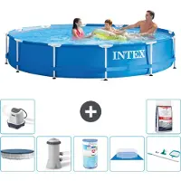 OEM Rond zwembad - 366 x 76 cm - Blauw - Inclusief: zwembadpomp, filter, bodemafdekking, reinigingsset, zoutwatersysteem - Zout voor zwembad