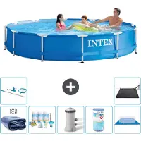 Intex Rond Frame Zwembad - 366 x 76 cm - Blauw - Inclusief Solarzeil - Onderhoudspakket - Zwembadfilterpomp - Filter - Grondzeil - Schoonmaakset - Solar Mat - 8-delig