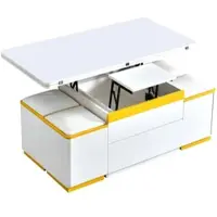 OKWISH Salontafel - In Hoogte Verstelbaar En Uitklapbaar - Met Opbergruimte En 4 Krukken - MDF Wit Geel - 100×50×43 Cm