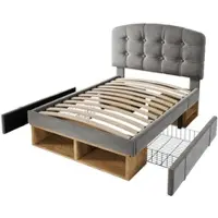 MODFU Eenpersoonsbed 90x200 cm – Verstelbaar hoofdbord & opberglades – Klassiek design – Fluweel – Grijs