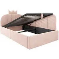 MODFU Beklede bedbank, uitschuifbaar, 90x200 cm, met kroon- en roosterdesign, kinderbed met opbergruimte (hydraulisch), geschikt voor een kinderkamer, zonder matras, roze