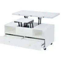 OKWISH Salontafel – Hydraulisch Verstelbaar – 4 Lades – Met Klapplaat en Universele Wielen – Ruimtebesparend Multifunctioneel Design – MDF Wit – 100x50x47,5 cm