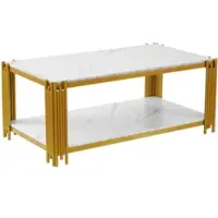 OKWISH Conferenziertafel, marmerlook, glad oppervlak, metalen poten, twee planken, opbergruimte, geschikt voor de woonkamer, materiaal: MDF, kleur: goud en wit
