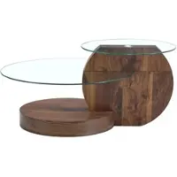 OKWISH Salontafel – Gehard Glas Met Meerlaags Design – Voor Woonkamer – MDF Met Walnootlook – Bovenblad 50 Cm Onderblad 70 Cm
