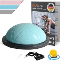 DH FitLife Balansbal, yoga balanstrainer, diameter van 60 x 22 cm, tot 200 kg belastbaar, halve gymnastiekbal, fitness balansboard, evenwichtsboard met pomp en 2 fitnessbanden