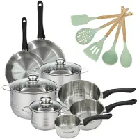 Fackelmann Set 2 pannen 20 24 cm 3 steelpannen 12 16 20 cm, 3 braadpannen 16, 20 en 24 cm in roestvrij staal Geneva en 5 keukengerei Océan