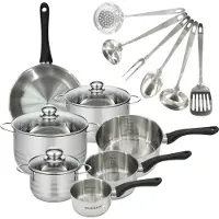 Fackelmann Set 1 pan 24 cm 3 pannen 12 16 20 cm, 3 kookpotten 16, 20 en 24 cm in roestvrij staal en 6 roestvrijstalen keukengerei Geneva