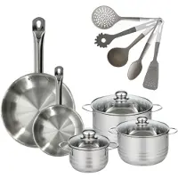 Fackelmann 9217850 Set van 2 RVS Pannen 20/28 cm Etherna & 3 RVS Kookpotten 16/20/24 cm Zonder PFAS met 5 Keukengerei