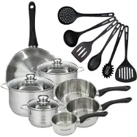 Fackelmann Set 1 pan 28 cm 3 pannen 12 16 20 cm, 3 braadpannen 16, 20 en 24 cm in roestvrij staal en 6 keukengerei RPET Geneva
