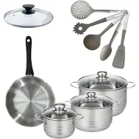 Fackelmann Set 1 Koekenpan 24cm en 3 Kookpannen 16/20/24cm Genève met 5 keukengerei