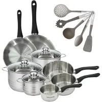 Fackelmann Set van 2 Pannen 24/28cm, 3 Kookpotten 16/20/24cm en 3 Steelpannen 12/16/20cm van roestvrij staal Geneva en 5 keukengerei