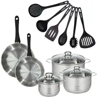 Fackelmann Set van 2 pannen 24 en 28 cm van roestvrij staal, 3 roestvrijstalen kookpotten 16, 20 en 24 cm en 6 RPET keukengerei Geneva