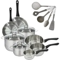 Fackelmann Set van 2 Pannen 20/24 cm, 3 Braadpannen 16/20/24 cm & 3 Steelpannen 12/16/20 cm Geneva en 5 Keukengerei