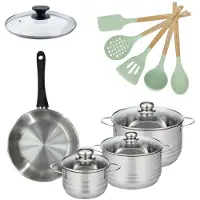 Fackelmann Set 1 Koekenpan 24cm met deksel Genève en 3 Kookpotten 16/20/24cm met 5 keukengerei Oceaan