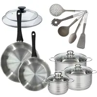Fackelmann Set 2 pannen 24 28 cm met deksel, 3 kookpotten 16, 20 en 24 cm van roestvrij staal en 5 keukengerei Geneva