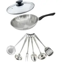 Fackelmann Set pan 28 cm roestvrij staal, glazen deksel en 6 roestvrijstalen keukengerei Geneva