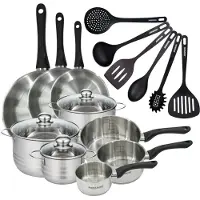 Fackelmann Set 3 pannen 20 24 28 cm 3 steelpannen 12 16 20 cm, 3 braadpannen 16, 20 en 24 cm in roestvrij staal en 6 keukengerei RPET Geneva