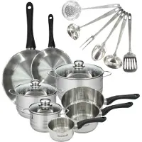 Fackelmann Set 2 pannen 20 28 cm 3 steelpannen 12 16 20 cm, 3 braadpannen 16, 20 en 24 cm in roestvrij staal en 6 roestvrijstalen keukengerei Geneva